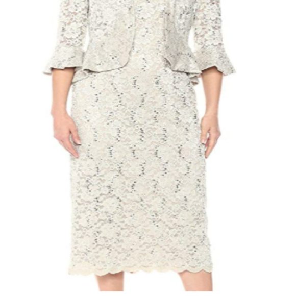 R&M Richards Women's 2Pc Lace Long Jacket Dress, Sz: 14, Champagne Gold - Picture 2 of 5